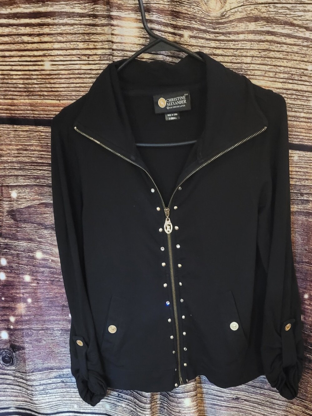 Christine Alexander Black Bomber Jacket with Gold Hardware